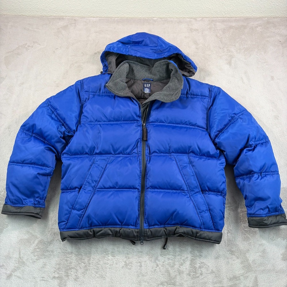 VTG Gap Goose Down-Filled Puffer Hooded Jacket‎ Men Large Blue Wool Lined Cuffs